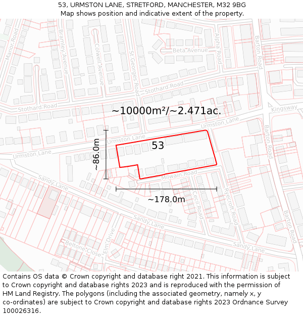 53, URMSTON LANE, STRETFORD, MANCHESTER, M32 9BG: Plot and title map