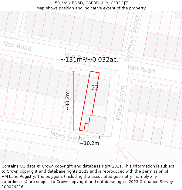 53, VAN ROAD, CAERPHILLY, CF83 1JZ: Plot and title map