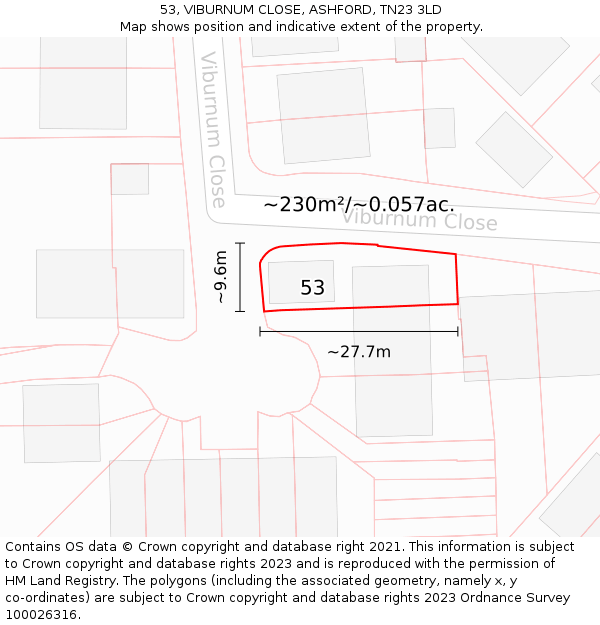 53, VIBURNUM CLOSE, ASHFORD, TN23 3LD: Plot and title map