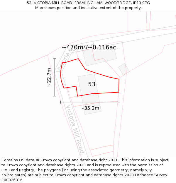 53, VICTORIA MILL ROAD, FRAMLINGHAM, WOODBRIDGE, IP13 9EG: Plot and title map