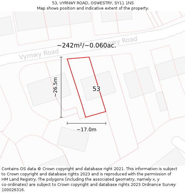 53, VYRNWY ROAD, OSWESTRY, SY11 1NS: Plot and title map