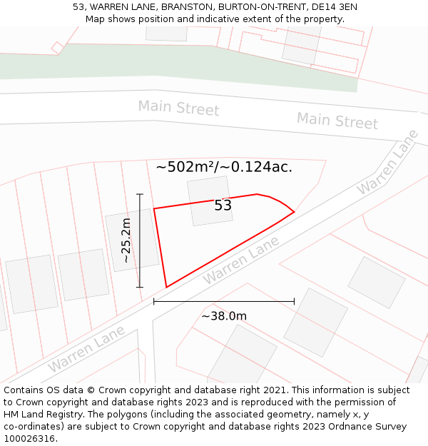 53, WARREN LANE, BRANSTON, BURTON-ON-TRENT, DE14 3EN: Plot and title map