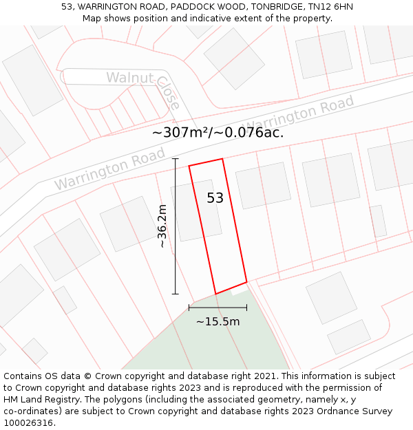 53, WARRINGTON ROAD, PADDOCK WOOD, TONBRIDGE, TN12 6HN: Plot and title map