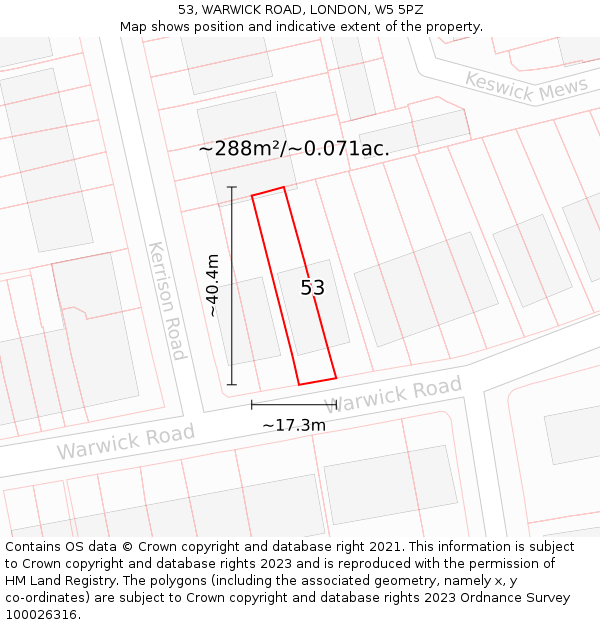 53, WARWICK ROAD, LONDON, W5 5PZ: Plot and title map