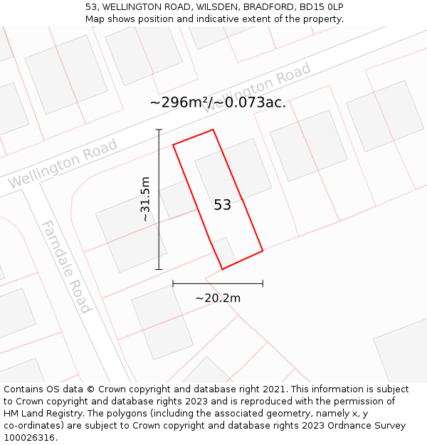 53, WELLINGTON ROAD, WILSDEN, BRADFORD, BD15 0LP: Plot and title map