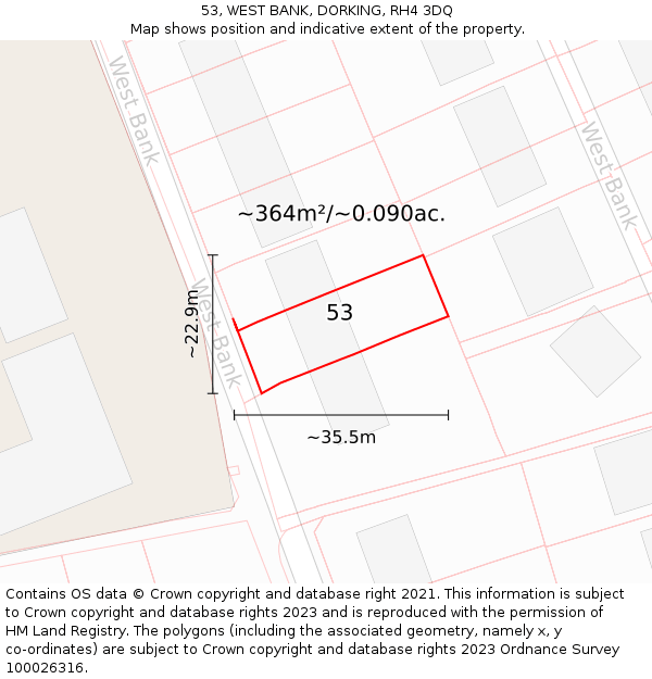 53, WEST BANK, DORKING, RH4 3DQ: Plot and title map