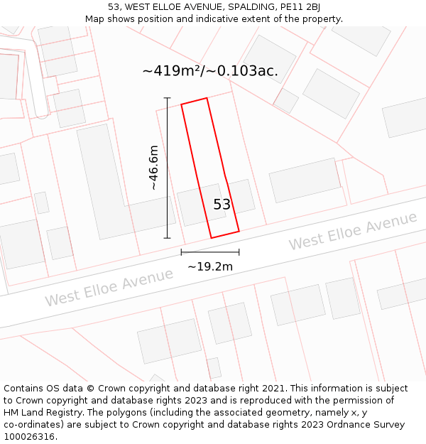 53, WEST ELLOE AVENUE, SPALDING, PE11 2BJ: Plot and title map