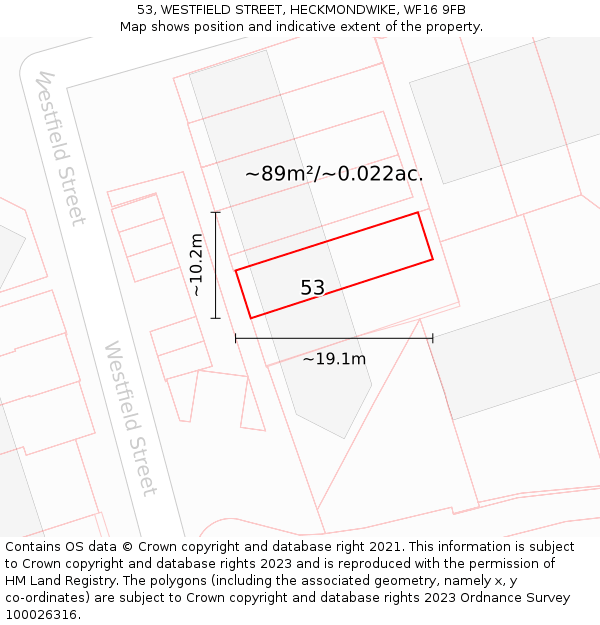 53, WESTFIELD STREET, HECKMONDWIKE, WF16 9FB: Plot and title map