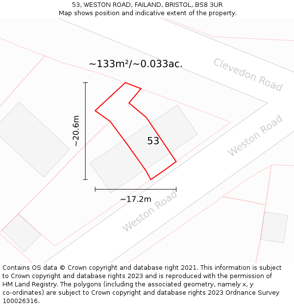 53, WESTON ROAD, FAILAND, BRISTOL, BS8 3UR: Plot and title map