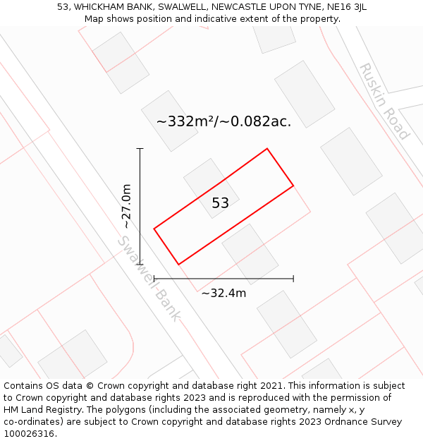 53, WHICKHAM BANK, SWALWELL, NEWCASTLE UPON TYNE, NE16 3JL: Plot and title map