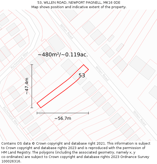 53, WILLEN ROAD, NEWPORT PAGNELL, MK16 0DE: Plot and title map