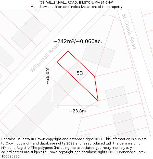 53, WILLENHALL ROAD, BILSTON, WV14 6NW: Plot and title map