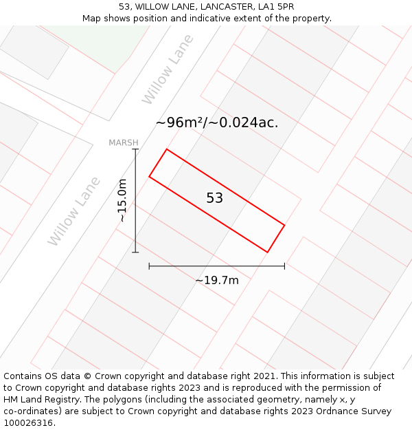 53, WILLOW LANE, LANCASTER, LA1 5PR: Plot and title map