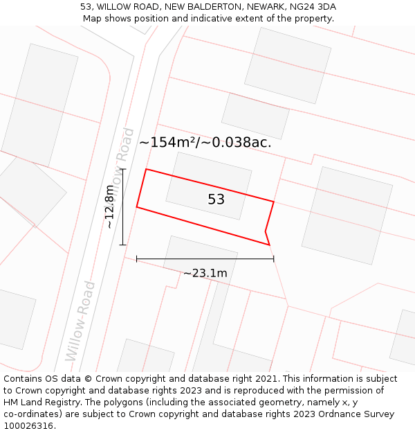 53, WILLOW ROAD, NEW BALDERTON, NEWARK, NG24 3DA: Plot and title map