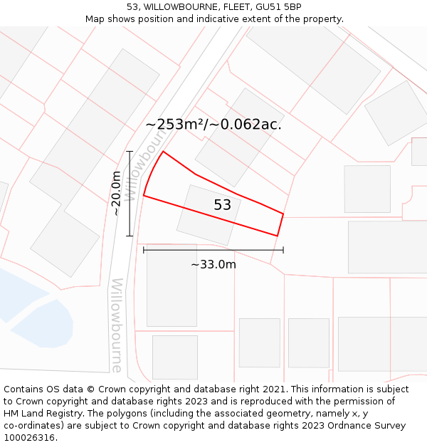 53, WILLOWBOURNE, FLEET, GU51 5BP: Plot and title map