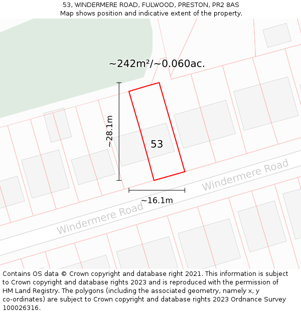 53, WINDERMERE ROAD, FULWOOD, PRESTON, PR2 8AS: Plot and title map