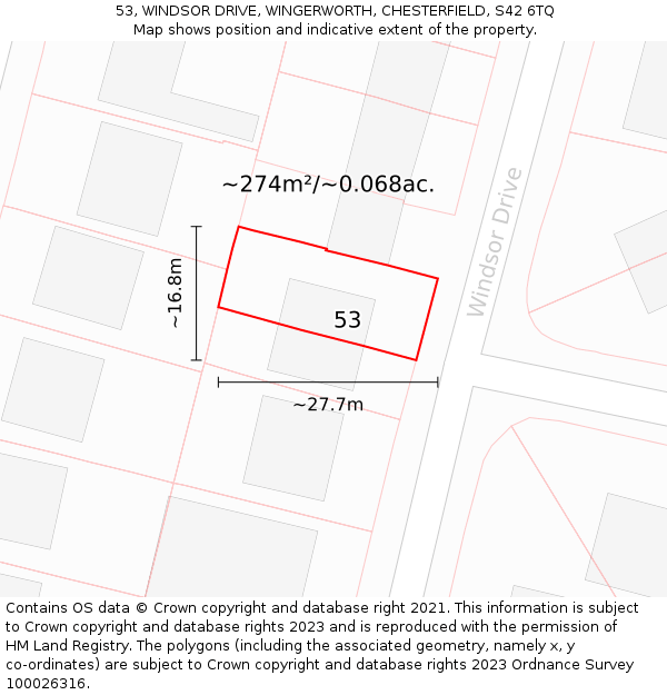 53, WINDSOR DRIVE, WINGERWORTH, CHESTERFIELD, S42 6TQ: Plot and title map