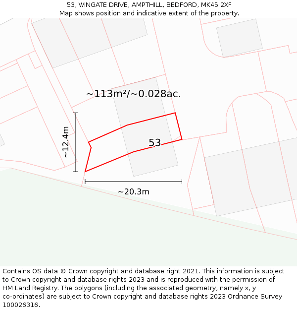 53, WINGATE DRIVE, AMPTHILL, BEDFORD, MK45 2XF: Plot and title map