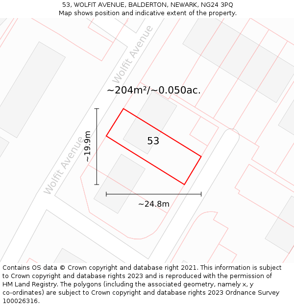 53, WOLFIT AVENUE, BALDERTON, NEWARK, NG24 3PQ: Plot and title map