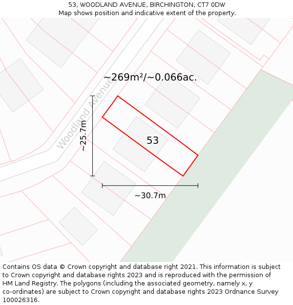 53, WOODLAND AVENUE, BIRCHINGTON, CT7 0DW: Plot and title map