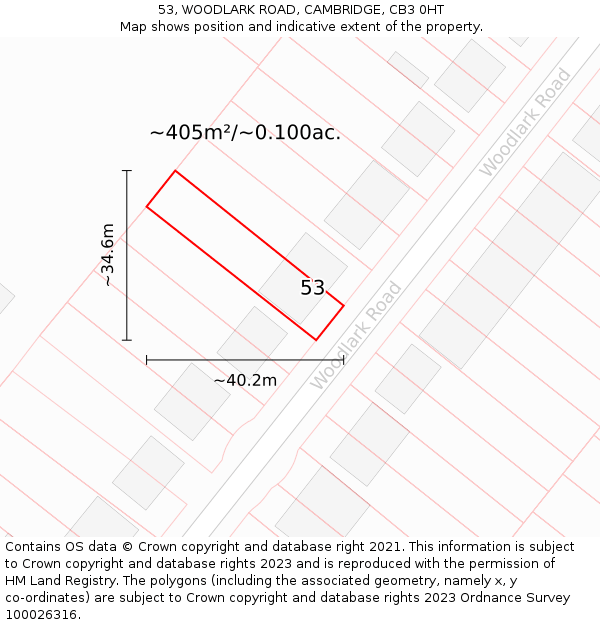 53, WOODLARK ROAD, CAMBRIDGE, CB3 0HT: Plot and title map