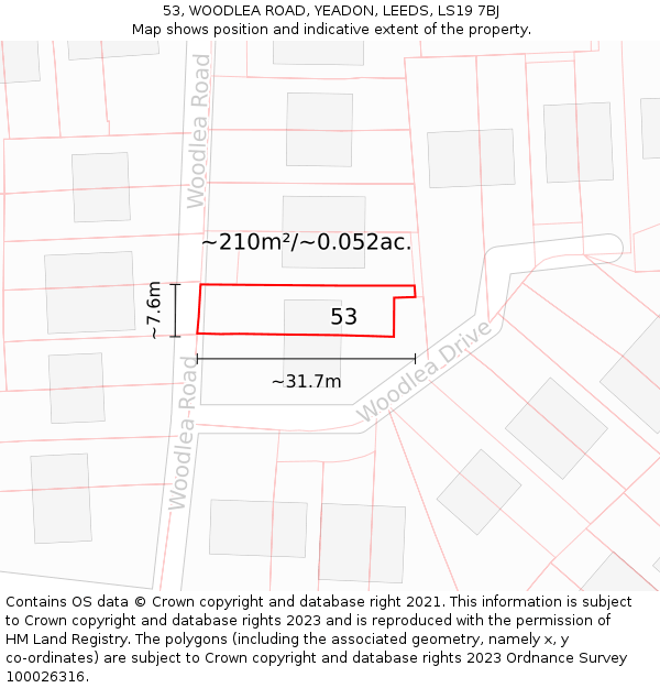 53, WOODLEA ROAD, YEADON, LEEDS, LS19 7BJ: Plot and title map