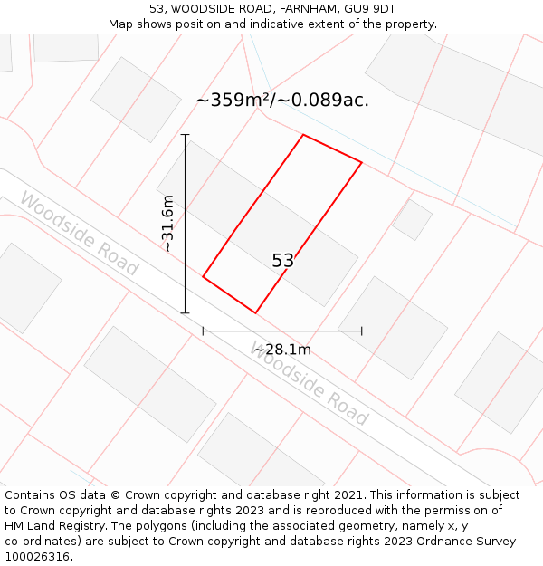 53, WOODSIDE ROAD, FARNHAM, GU9 9DT: Plot and title map