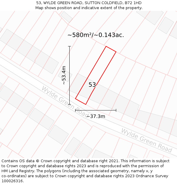 53, WYLDE GREEN ROAD, SUTTON COLDFIELD, B72 1HD: Plot and title map