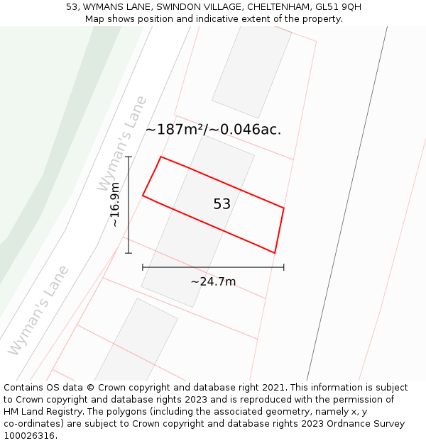 53, WYMANS LANE, SWINDON VILLAGE, CHELTENHAM, GL51 9QH: Plot and title map