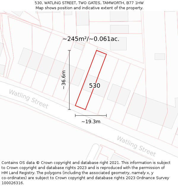 530, WATLING STREET, TWO GATES, TAMWORTH, B77 1HW: Plot and title map