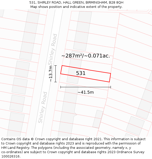 531, SHIRLEY ROAD, HALL GREEN, BIRMINGHAM, B28 8QH: Plot and title map