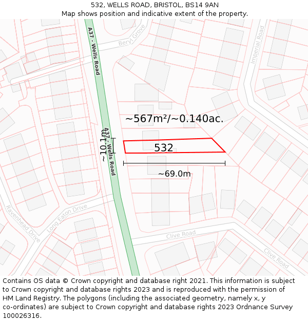 532, WELLS ROAD, BRISTOL, BS14 9AN: Plot and title map