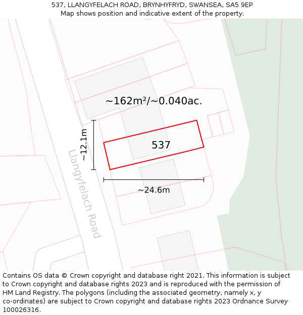 537, LLANGYFELACH ROAD, BRYNHYFRYD, SWANSEA, SA5 9EP: Plot and title map