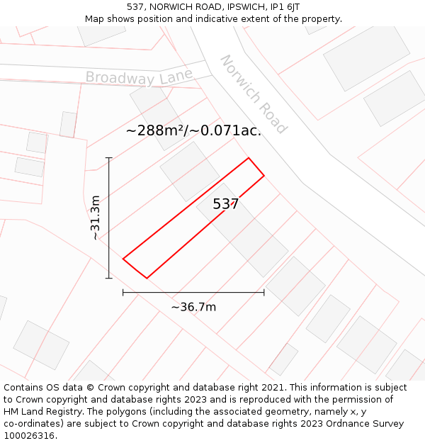 537, NORWICH ROAD, IPSWICH, IP1 6JT: Plot and title map