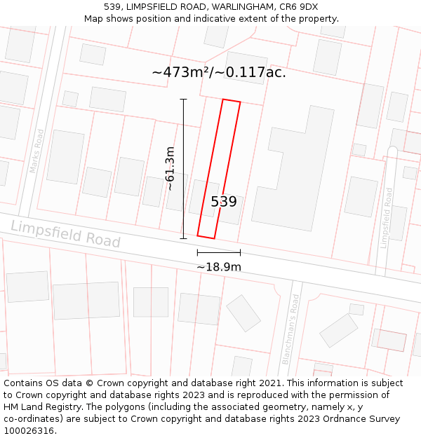 539, LIMPSFIELD ROAD, WARLINGHAM, CR6 9DX: Plot and title map