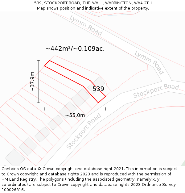 539, STOCKPORT ROAD, THELWALL, WARRINGTON, WA4 2TH: Plot and title map