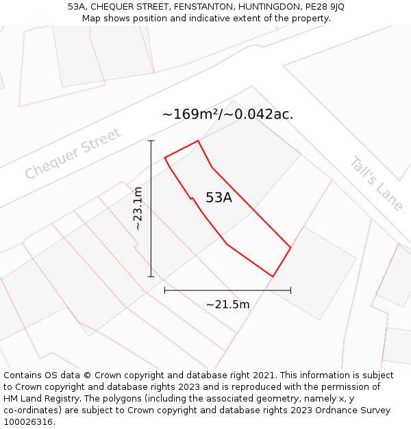 53A, CHEQUER STREET, FENSTANTON, HUNTINGDON, PE28 9JQ: Plot and title map