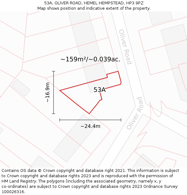 53A, OLIVER ROAD, HEMEL HEMPSTEAD, HP3 9PZ: Plot and title map