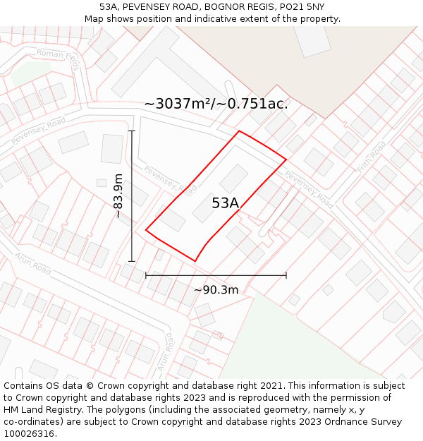 53A, PEVENSEY ROAD, BOGNOR REGIS, PO21 5NY: Plot and title map