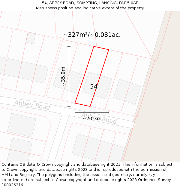 54, ABBEY ROAD, SOMPTING, LANCING, BN15 0AB: Plot and title map