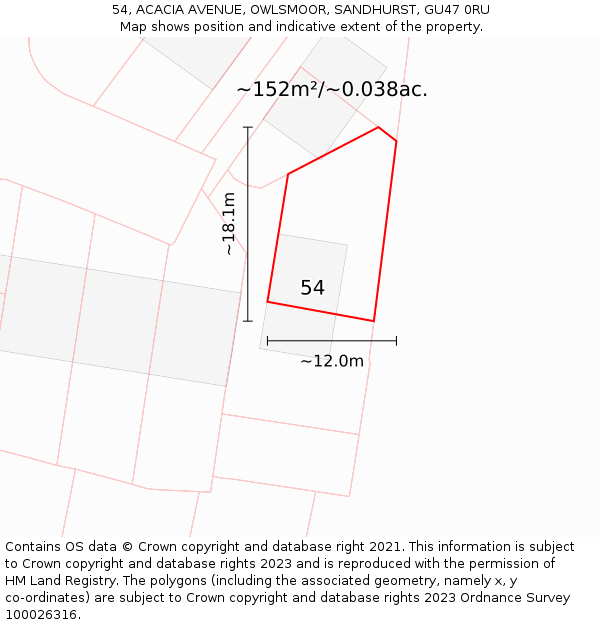 54, ACACIA AVENUE, OWLSMOOR, SANDHURST, GU47 0RU: Plot and title map