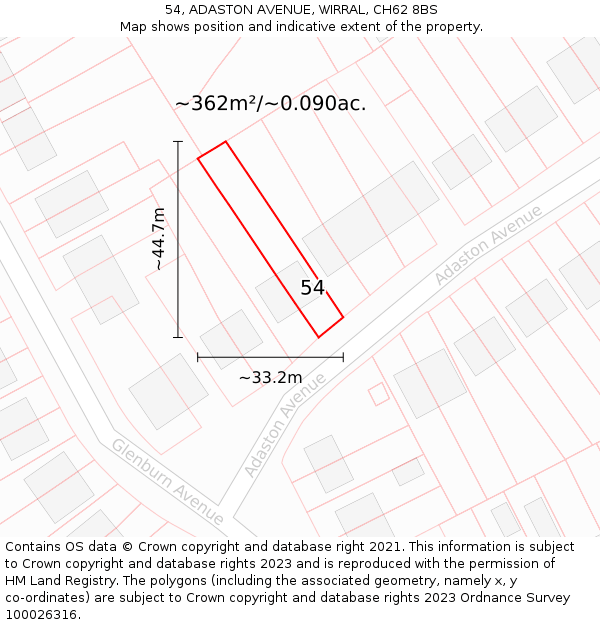 54, ADASTON AVENUE, WIRRAL, CH62 8BS: Plot and title map