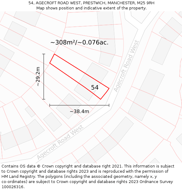 54, AGECROFT ROAD WEST, PRESTWICH, MANCHESTER, M25 9RH: Plot and title map