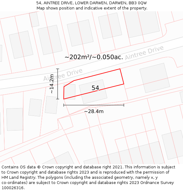 54, AINTREE DRIVE, LOWER DARWEN, DARWEN, BB3 0QW: Plot and title map