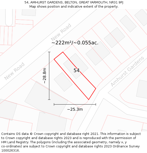 54, AMHURST GARDENS, BELTON, GREAT YARMOUTH, NR31 9PJ: Plot and title map