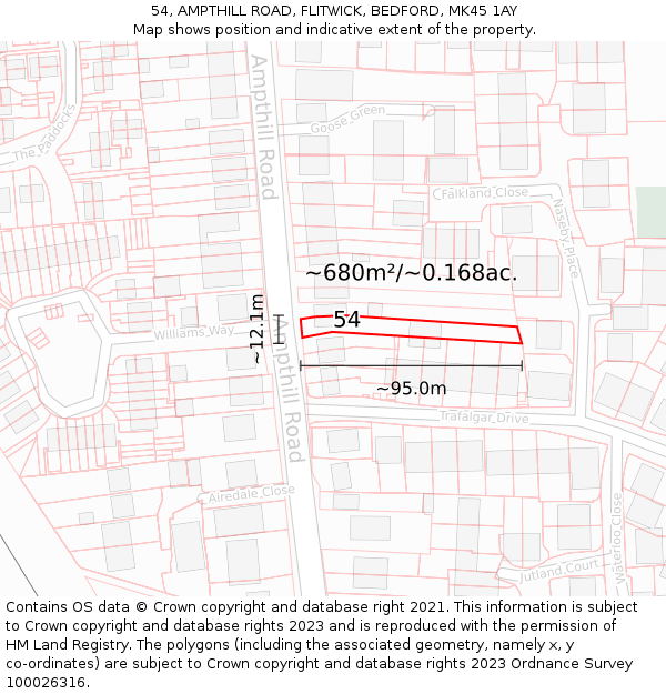 54, AMPTHILL ROAD, FLITWICK, BEDFORD, MK45 1AY: Plot and title map