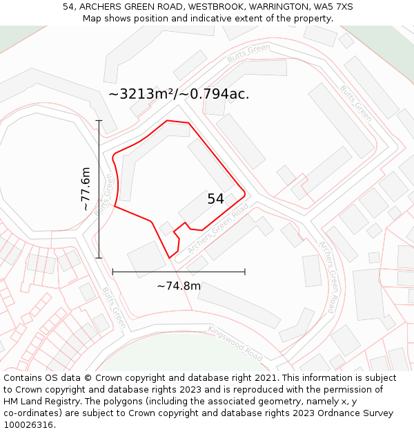 54, ARCHERS GREEN ROAD, WESTBROOK, WARRINGTON, WA5 7XS: Plot and title map