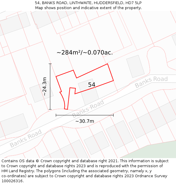 54, BANKS ROAD, LINTHWAITE, HUDDERSFIELD, HD7 5LP: Plot and title map