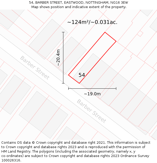 54, BARBER STREET, EASTWOOD, NOTTINGHAM, NG16 3EW: Plot and title map