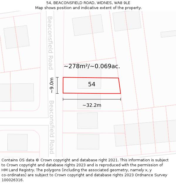 54, BEACONSFIELD ROAD, WIDNES, WA8 9LE: Plot and title map